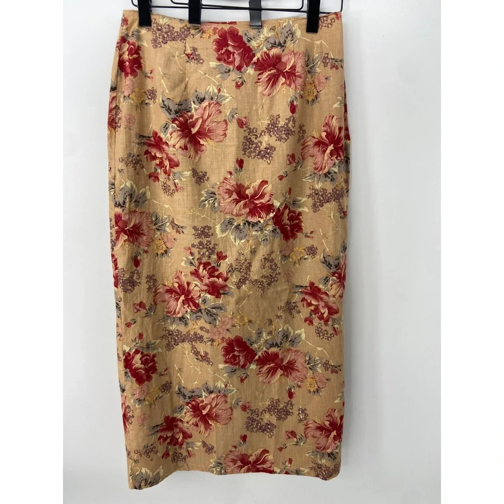 Vintage Cottagecore Floral Linen Skirt 12 Tan Country Wrap Midi Preppy Old Money